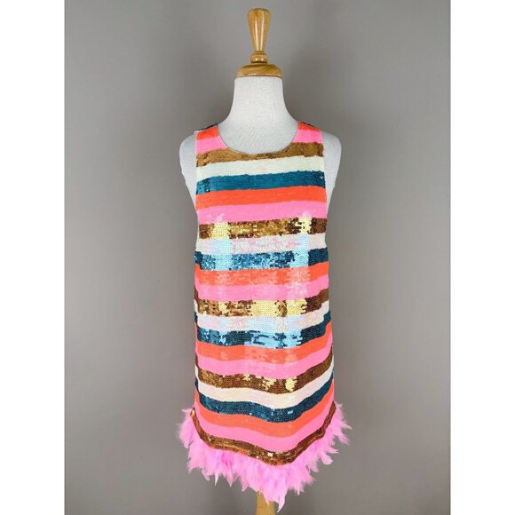 Neon Sequin Stripe Feather Bottom Party Dress Why Dress NEW with Tags Medium - Picture 1 of 3